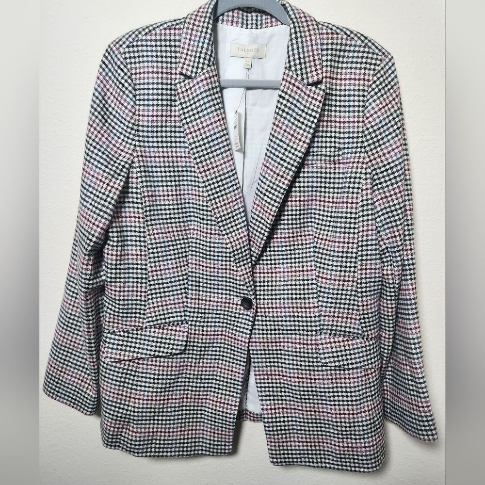 Talbots Check Blazer Notched Lapel Single Breast NWT Lined‎ 14 Boyfriend Pockets